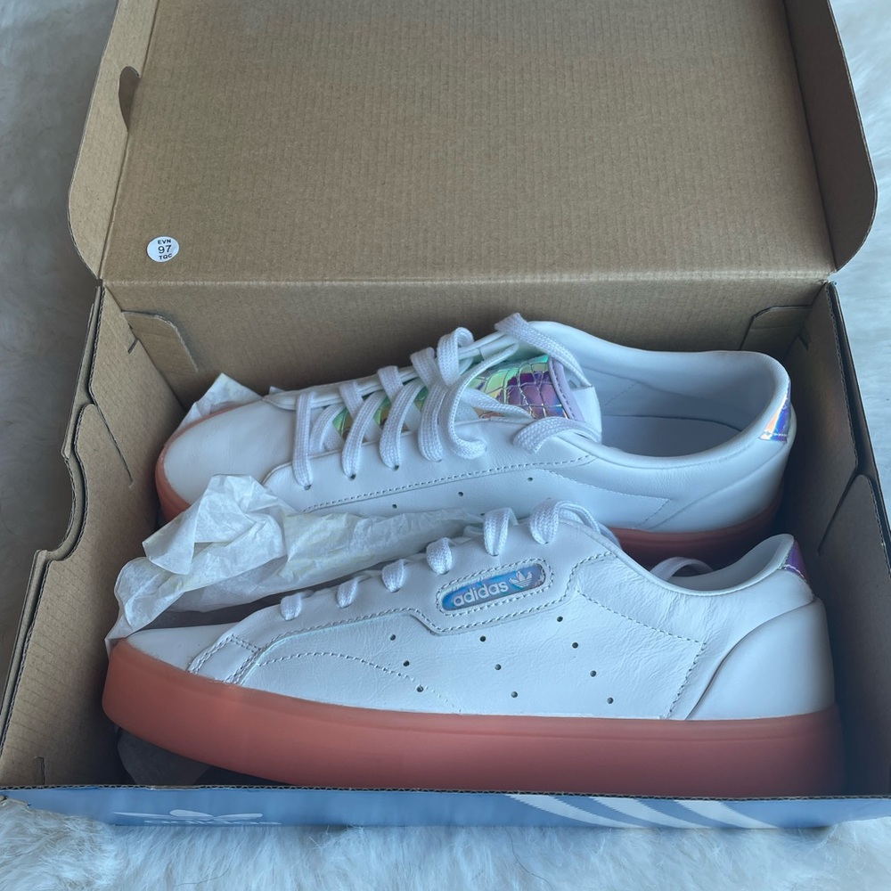Adidas White Sneakers with Coral Soles BRAND NEW